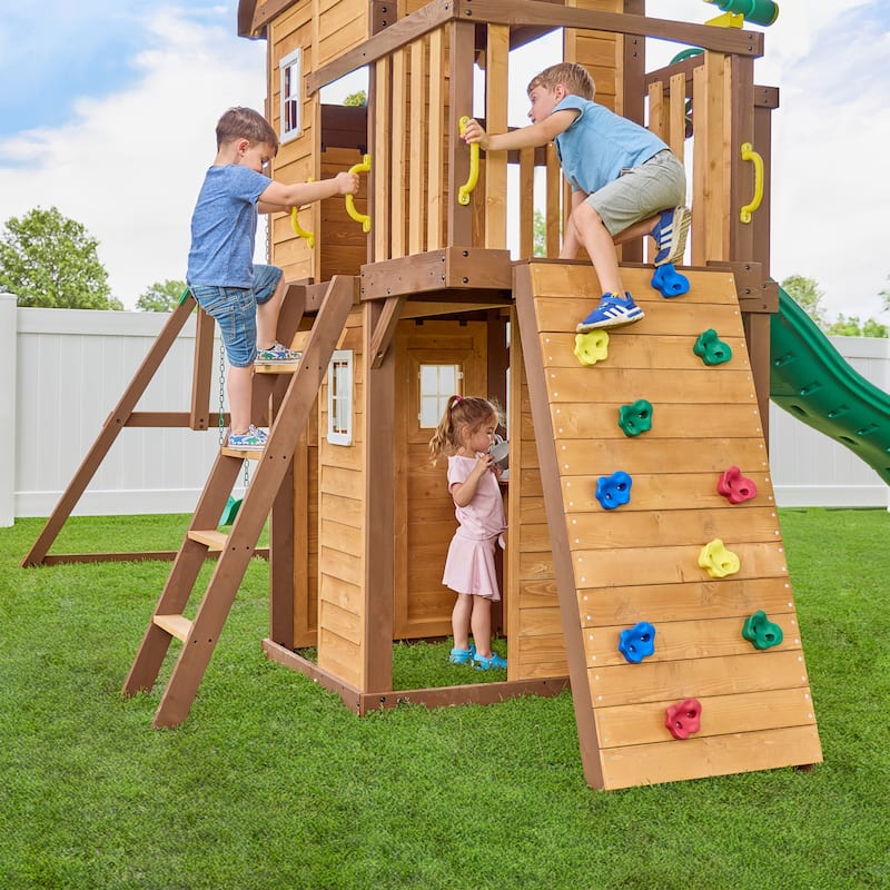 Backyard Discovery Spruce Hollow Spruce Wood Swing Set, Wave Slide