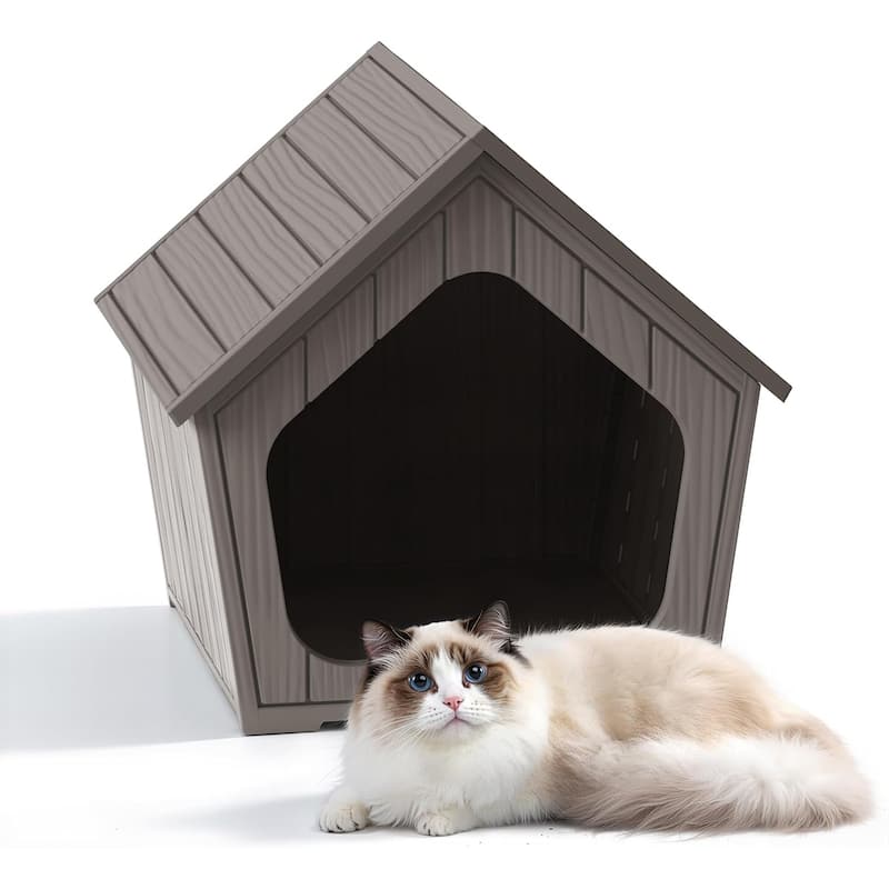Cabin Style Cat House, Durable Waterproof Resin Shelter for Small, Medium, Large Cats, Easy Assembly - Brown