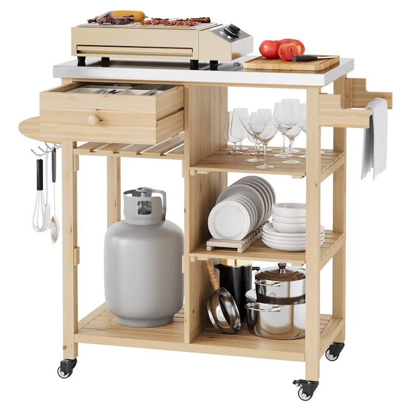 Solid Wood Grill Cart with Stainless Steel Top for Patio and Garden - Solid Wood