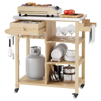Solid Wood Grill Cart with Stainless Steel Top for Patio and Garden