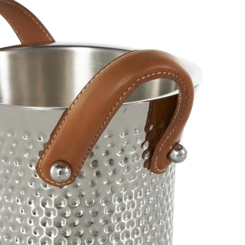 Stainless Steel Metal Hammered Ice Bucket with Brown Leather Handles - Silver - Roche River Decor - 9"W x 12"L x 11"H