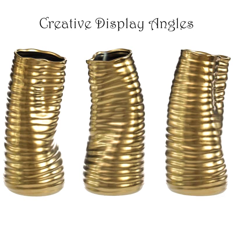 9-Inch Tall Ceramic Bent Melted Modern Style Sculpture Table Centerpiece Flower Vase, a Unique and Decorative Vase Gold Finish