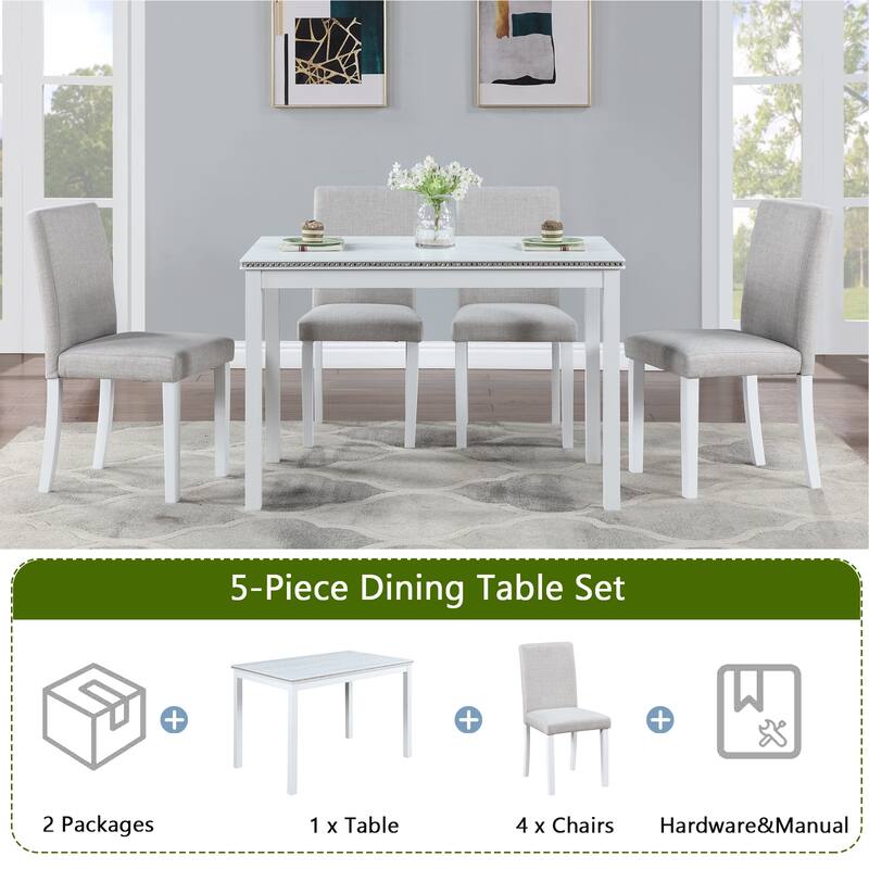 GDFStudio - Glenridge 5-Piece Classic Crystal Design Rectangular Dining Table Set with 4 Upholstered Chairs