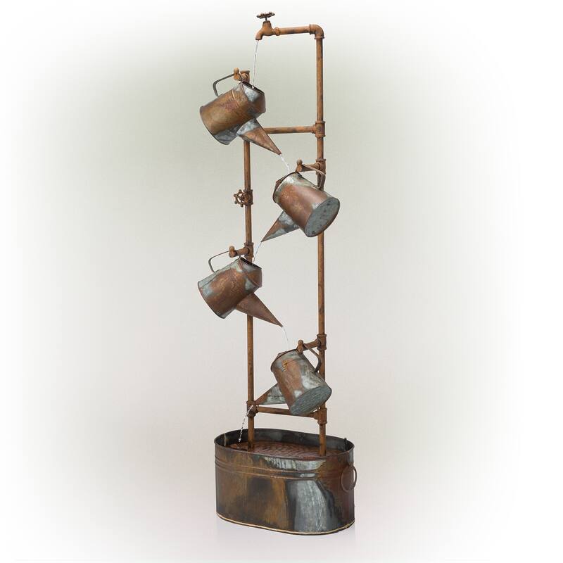 Alpine Corporation 60" Tall Rustic Water Spout and Watering Cans Fountain Yard Decoration