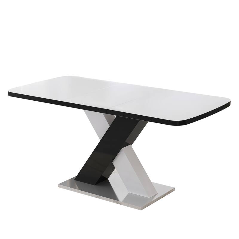 Modern Square Dining Table, Stretchable, White Table Top+MDF X-Shape Table Leg with Metal Base