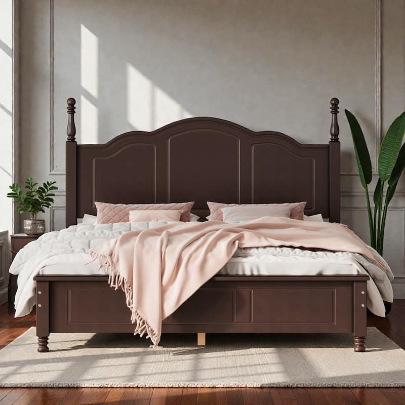 Retro Wood Platform Bed Frame with Headboard, Full Queen Bed with Wooden Slat Support, No Box Spring