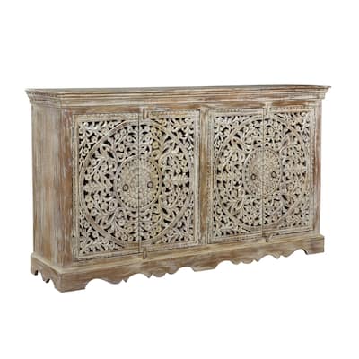 Timbergirl Carved Wooden 4-Door Sideboard Cabinet - N/A