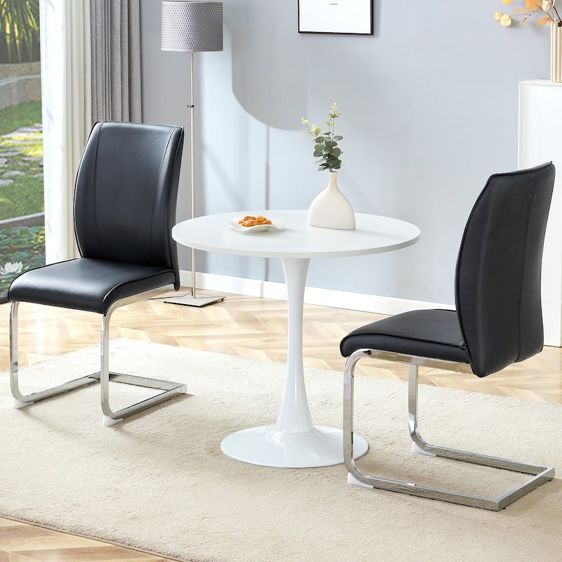 Modern Dining Table Set with Circular White Top, Ergonomic Arched Chairs, Hourglass Metal Legs, Anti-Slip Feet