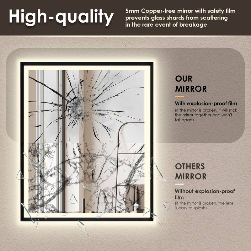 Apollo Rectangular Anti-Fog Dimmable Modern Bathroom/Vanity LED Lighted Wall Mirror in Matte Black Aluminum Framed