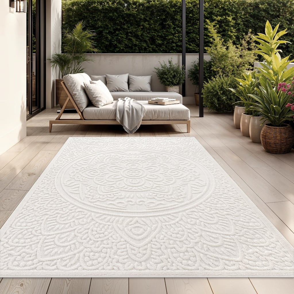 Orinetal Area Rug with Bohemian Mandala Pattern in Silver Cream