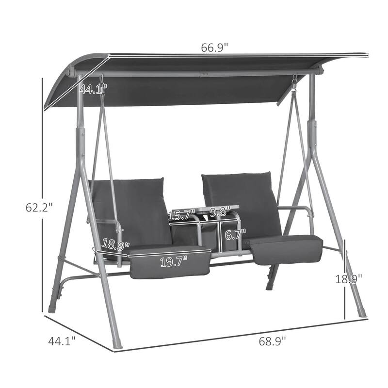 2-Seater Outdoor Porch Swing with Canopy and Table, Patio Swing Chair