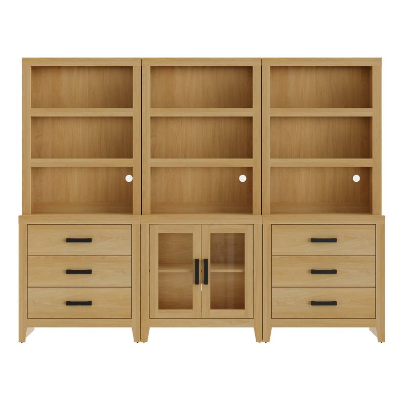 WAMPAT 74" Tall Bookshelf with Glass Doors and Drawers, 3-Tier Farmhouse Storage Cabinet