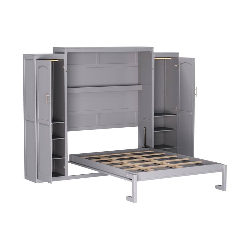 Quality Multifunctional Full Size Murphy Bed, Foldable Wooden Wall Bed w/ 2 Wardrobe & Storage Shelf for Guestroom, Bedroom