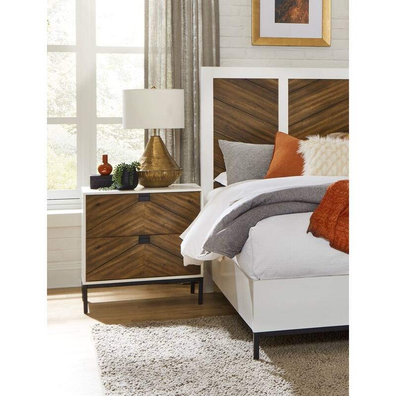 White and Walnut Finish 5pc Bedroom Set Bed Two Nightstands Dresser Mirror