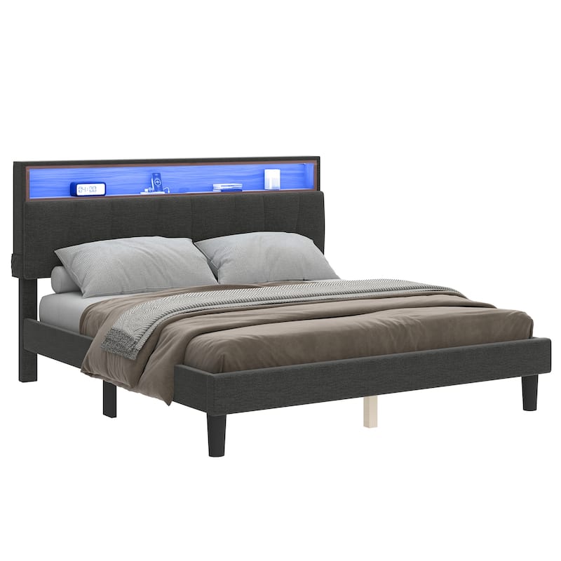 LED Bed Frame with Storage Headboard and Charging Station
