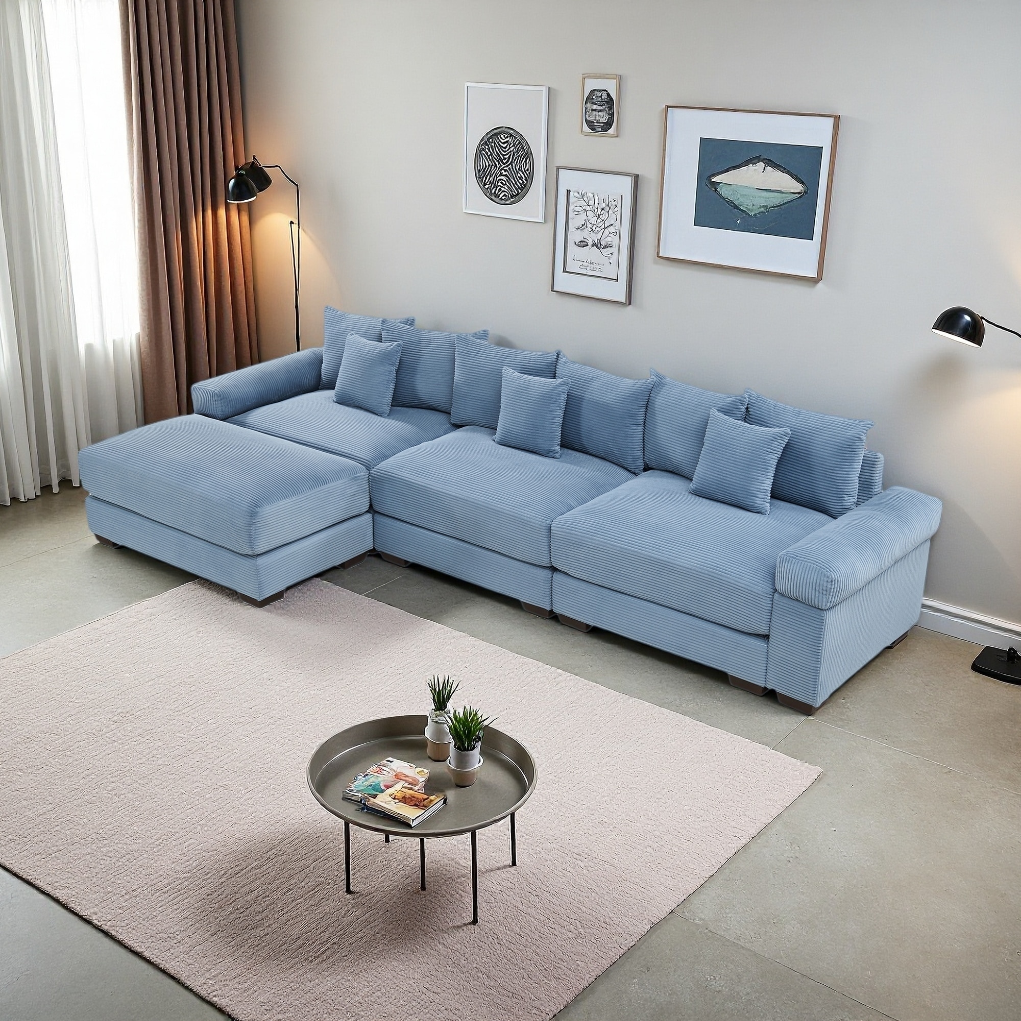 129.9" Corduroy Modular L-Shaped Cloud 3-Seater Sectional Sofa with Ottoman