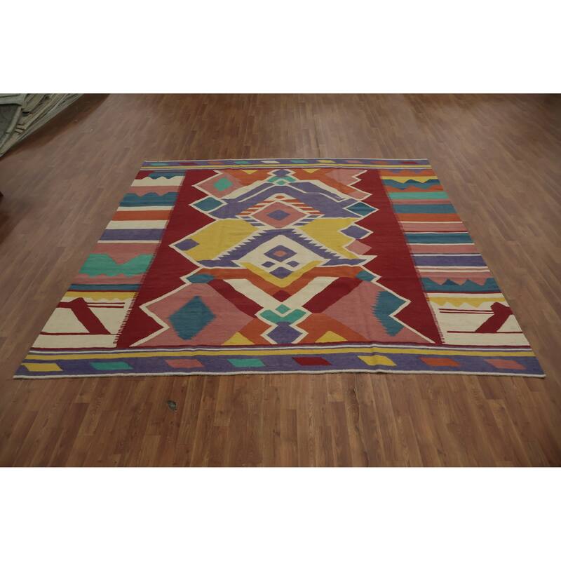 Hand Woven Oriental 100% Wool Carpet Southwestern Modern Multi-Colored Kilim Area Rug - 9' 8'' X 9' 7''