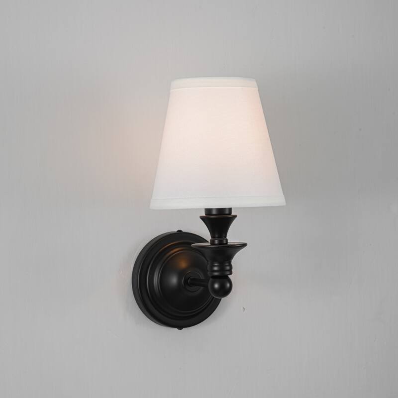 1-Light Farmhouse Black/Gold Iron Wall Sconce with White Fabric Shade