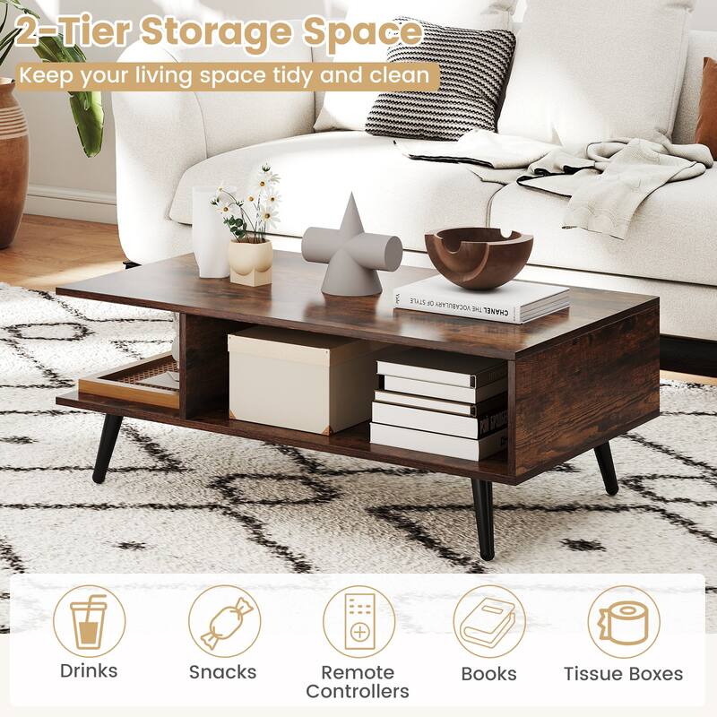 Gymax 2-Tier Coffee Table w/ Compartments & Metal Legs Rectangle Tea