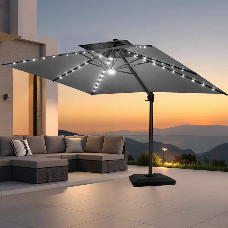 Pellebant 10 x 13FT Outdoor Rectangular Cantilever Patio Umbrella Solar LED Lighted with Premium Base - DarkGrey