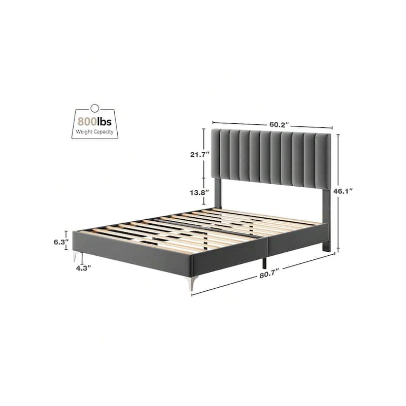 Bed Frame with Velvet Headboard Adjustable, Strong Wooden Slat Support