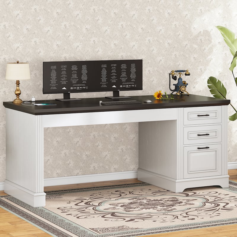 Farmhouse Executive Desk Home Office Desk File Drawer Monitor Stand Power Outlet