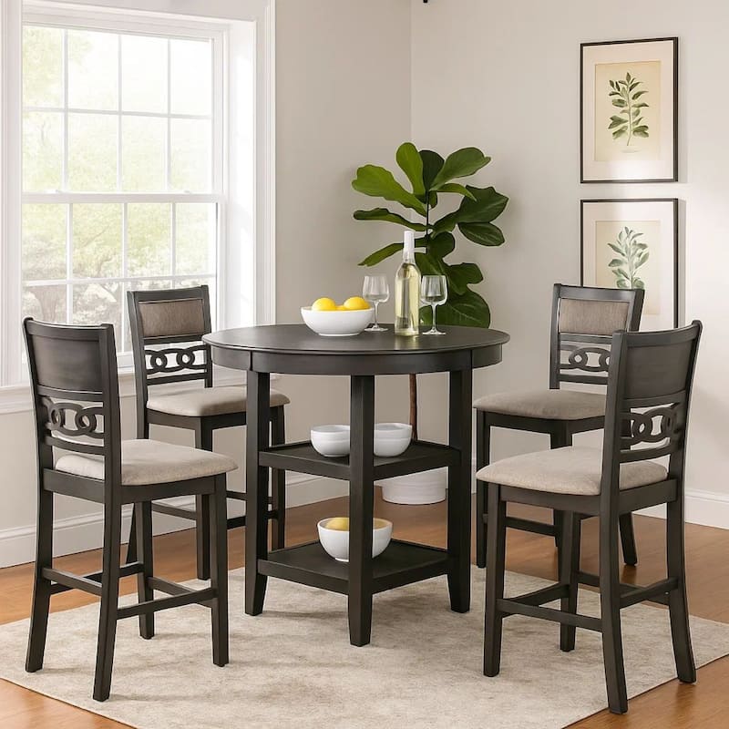 5 Piece Counter Height Table with Open Geometric Back Chairs, Gray