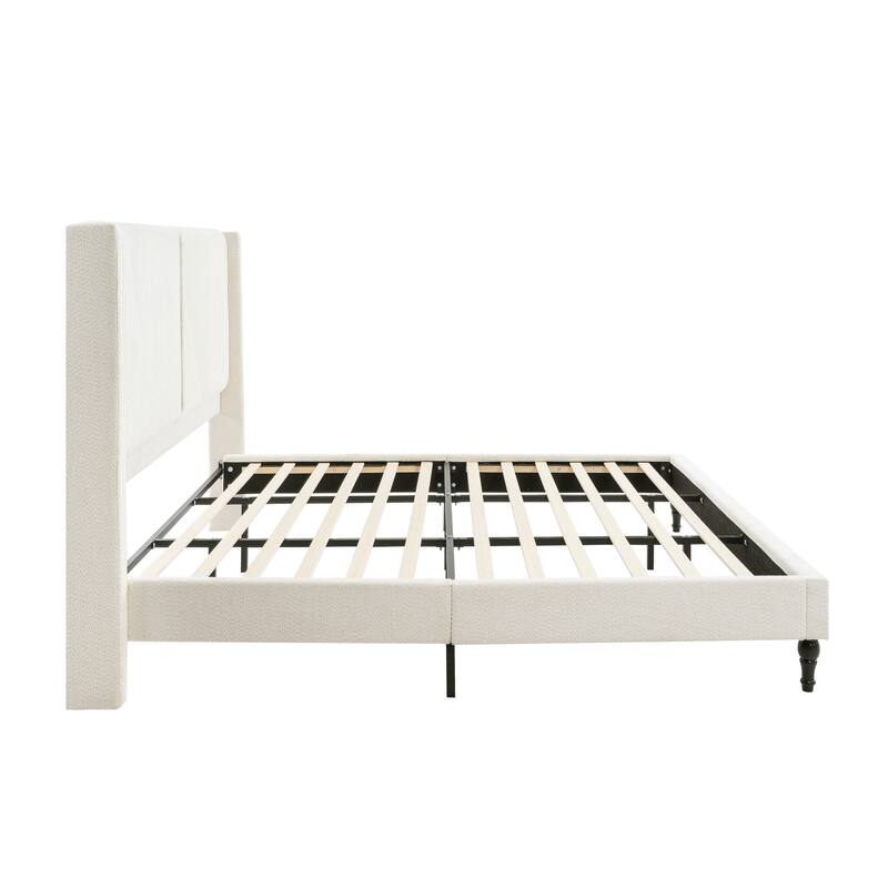 Boucle Upholstered Platform Bed with 55.5" High Wingback Headboard, Slats Support, Solid Wood Feet and Optional King or Queen
