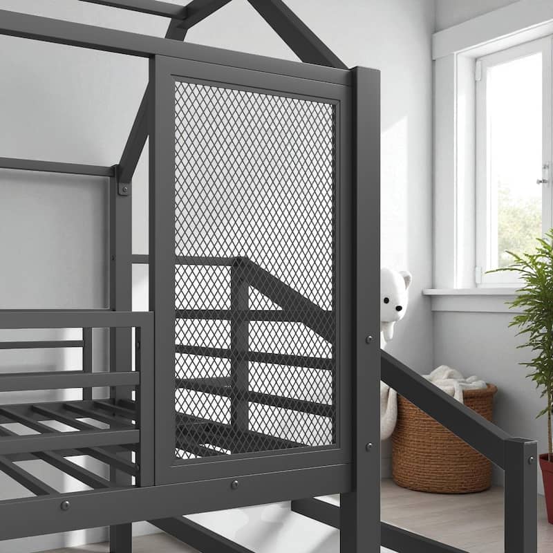 Twin/Full Metal House Loft Bed with Slide and Stairs, Kids Playhouse Bed with Roof, Storage Shelves & Guardrails