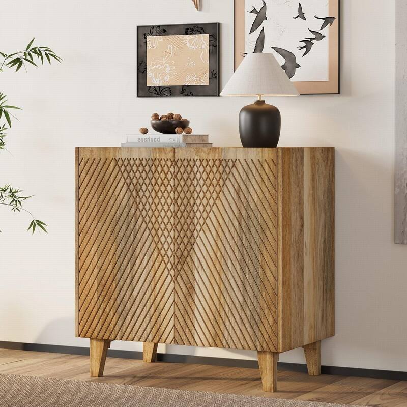 Rustic Solid Mango Wood Accent Buffet Cabinet with Fluted Door and Adjustable Shelf