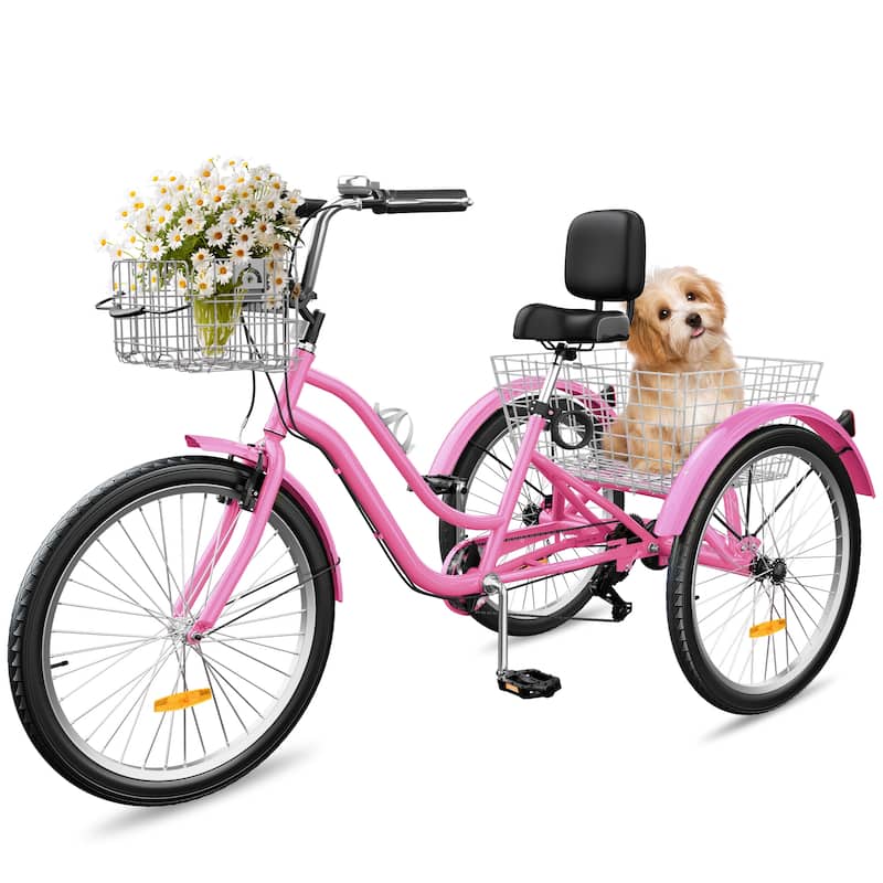 Moasis 26" Adult Tricycle 3 Wheel Bikes 7 Speed Trike Low Step Through Cruiser Bike - PInk