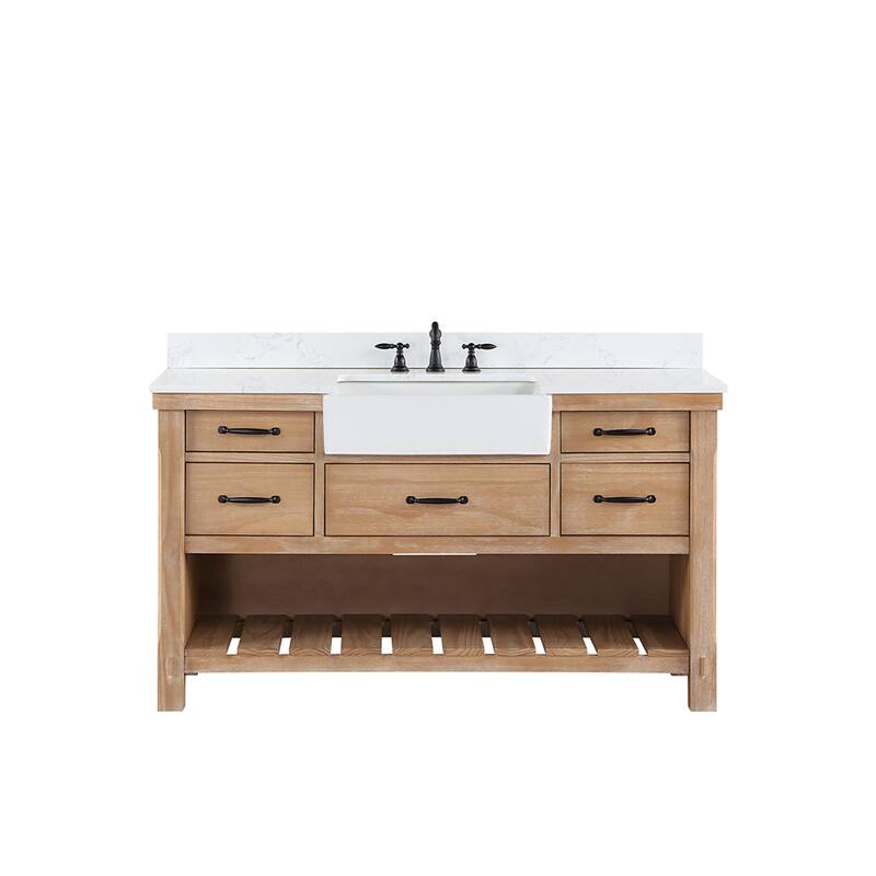 Villareal Bath Vanity with Composite Stone Top without Mirror - 60 in. Single Sink - Weathered Pine