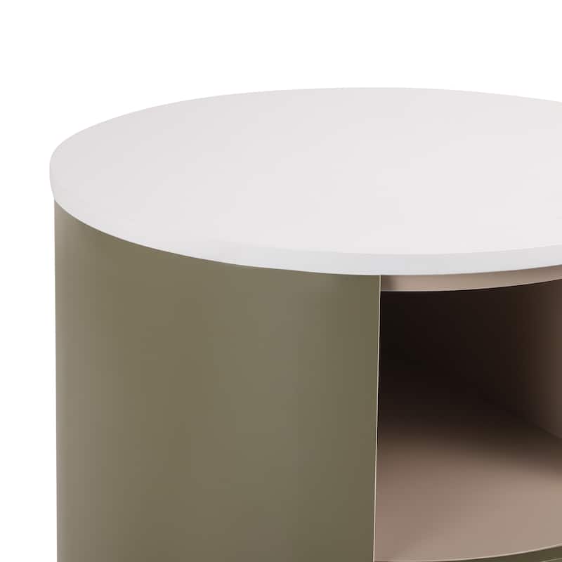Round Nightstand with Drawer & Open Shelf, Nightstand with Leather Handle & Tapered Legs, Large Capacity Sofa Side Table