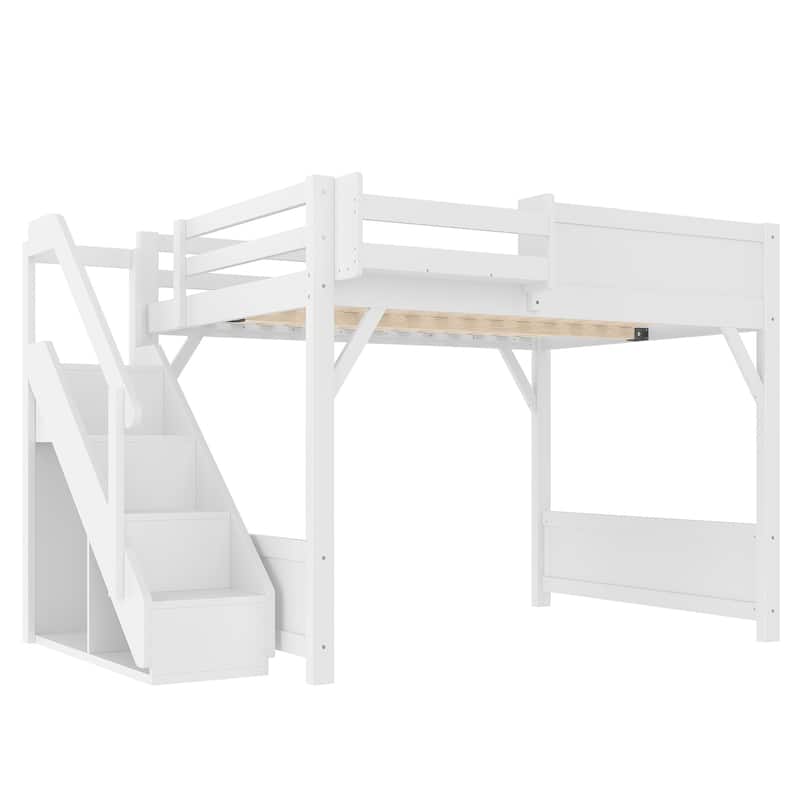 Full Size Loft Bed with Built-in Wardrobe and Storage Space, Solid Wood Loft Bed with Beside Shelves