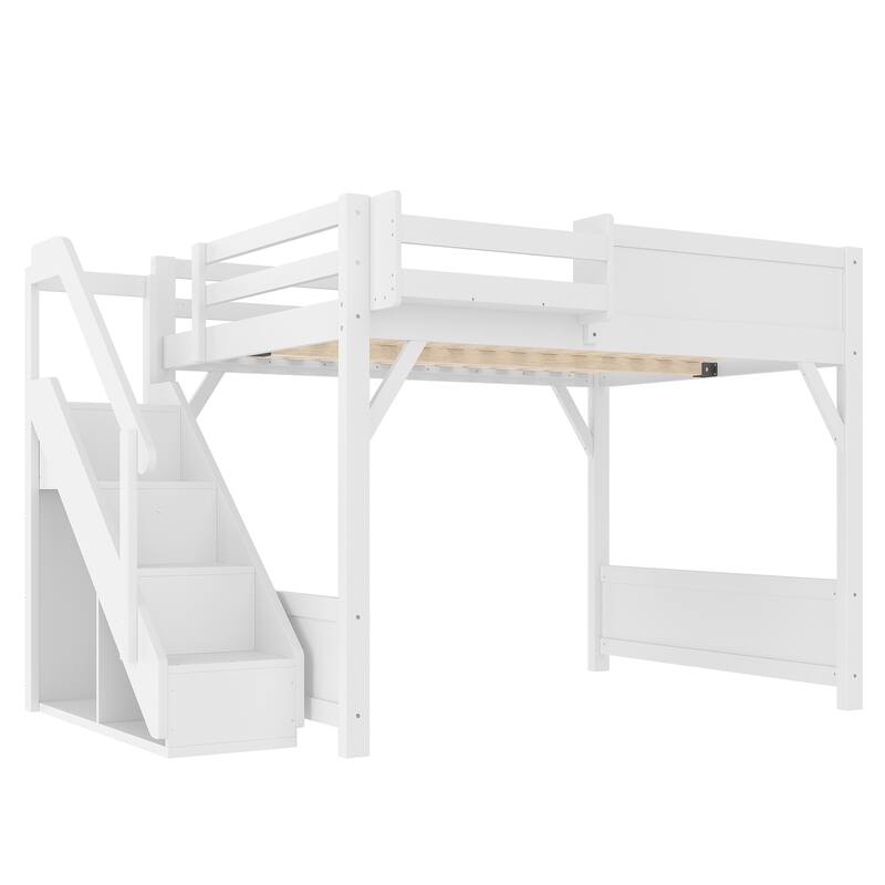 Roomfitters Loft Bed with Wardrobe and Storage Stairs, Solid Wood Frame with Bedside Shelves