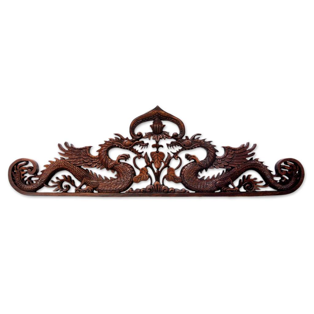 Handmade Guardian Dragons Wood wall sculpture (Indonesia)