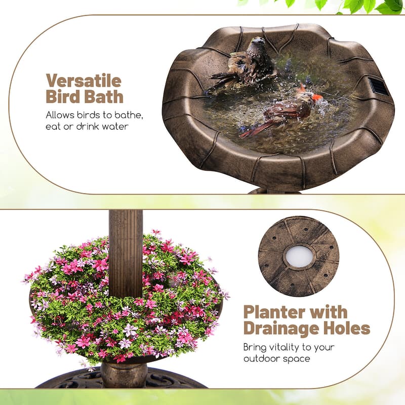 Gymax Solar Bird Bath Standing Pedestal Birdbath & Feeder Combo w/