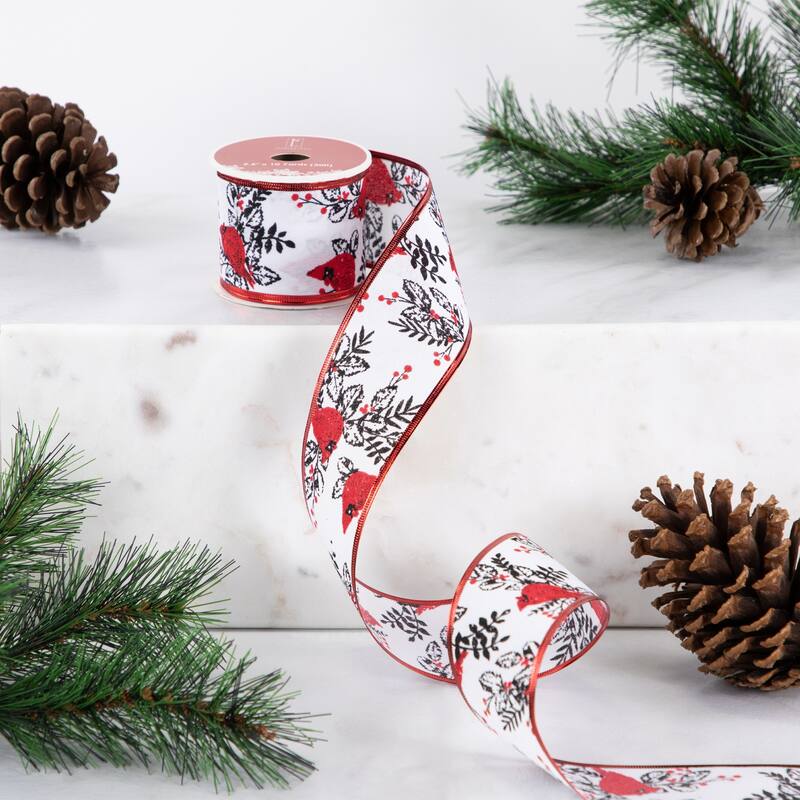 Cardinals with Leaves and Berries Wired Craft Christmas Ribbon 2.5" x 10 Yards