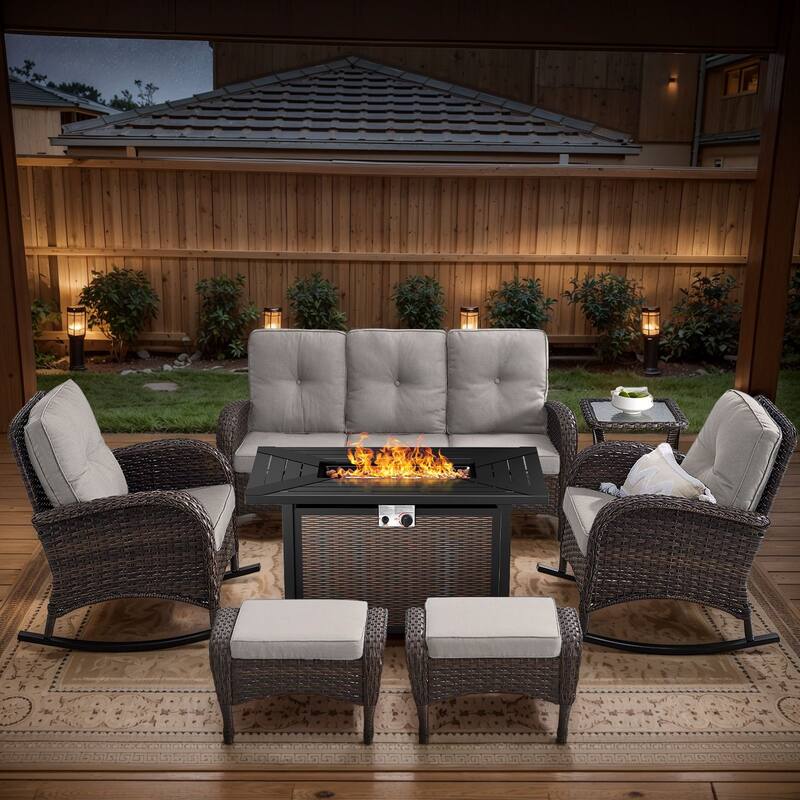 Gymojoy Outdoor Fire Pit Conversation Set, 3-Seat Sofa & Chairs Patio Furniture Set - 7-Piece included Rocking Chairs & Ottomans - Beige