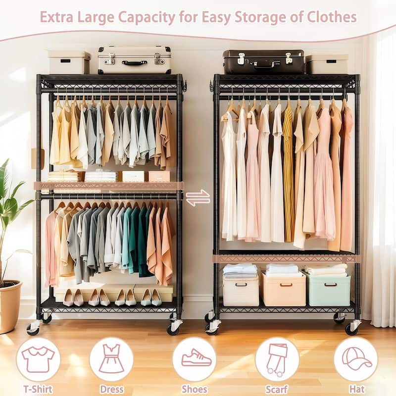 3 Tiers Adjustable Wire Shelving Clothes Rack with 2 Clothes Rails and Side Hooks
