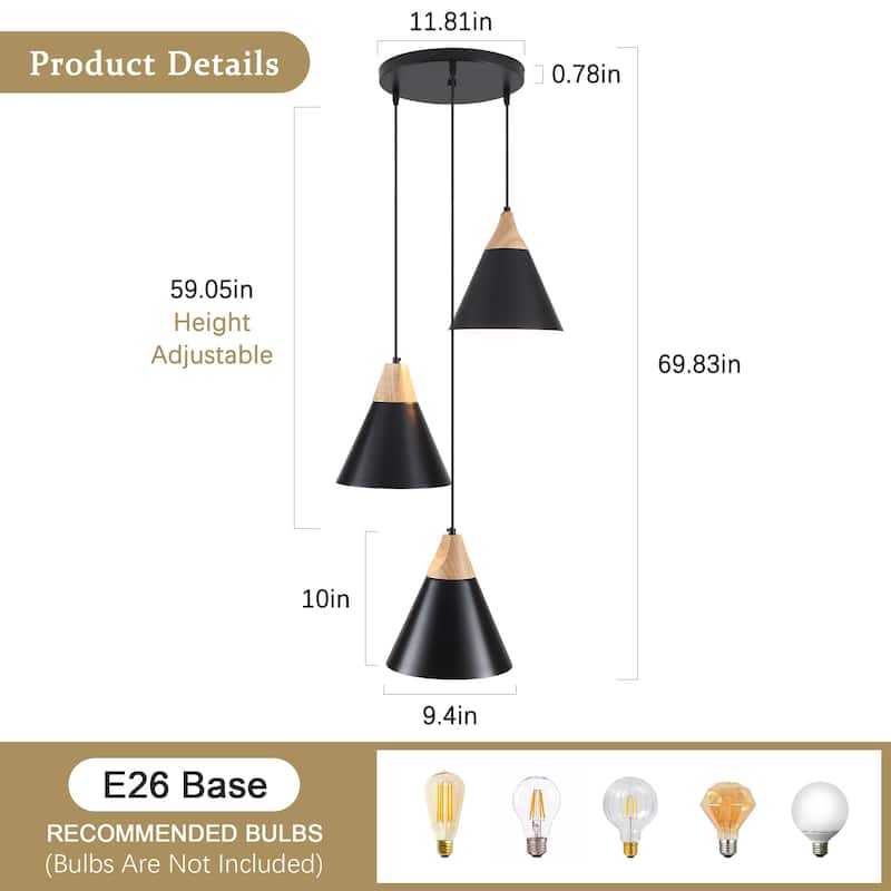 3-Light 9.4"W Metal Wood Island Pendant Lights for Kitchen Living Room