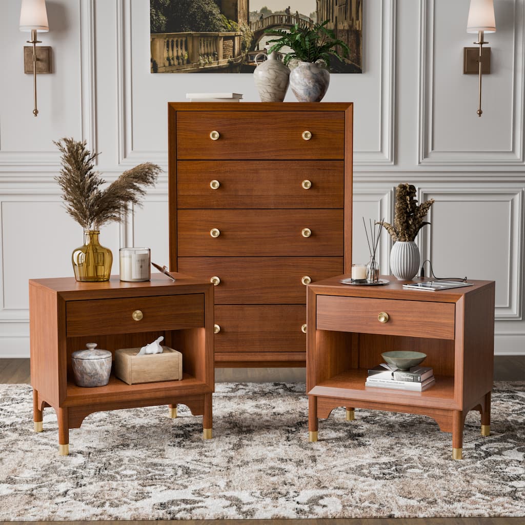 Furniture of America Forma Mid-Century Modern 3-Piece Walnut Chest and 2 Nightstand Bedroom Set