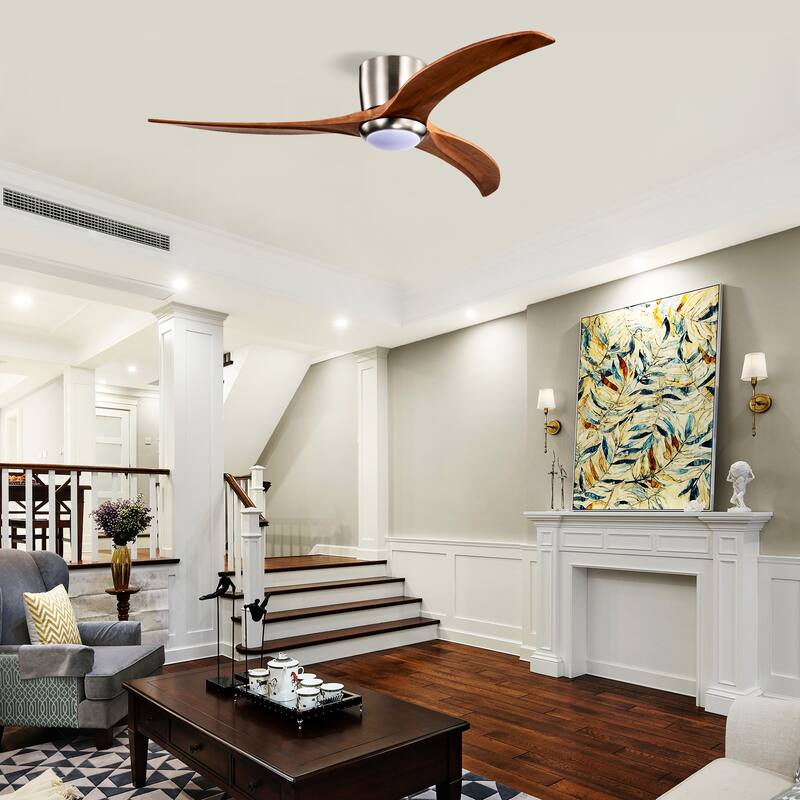 52" Flush Mount Fan Light, 3 PCS Solid Wood Blades Ceiling Fan with Lights Remote Control, Quiet DC Motor, 6 Speed - Nickel