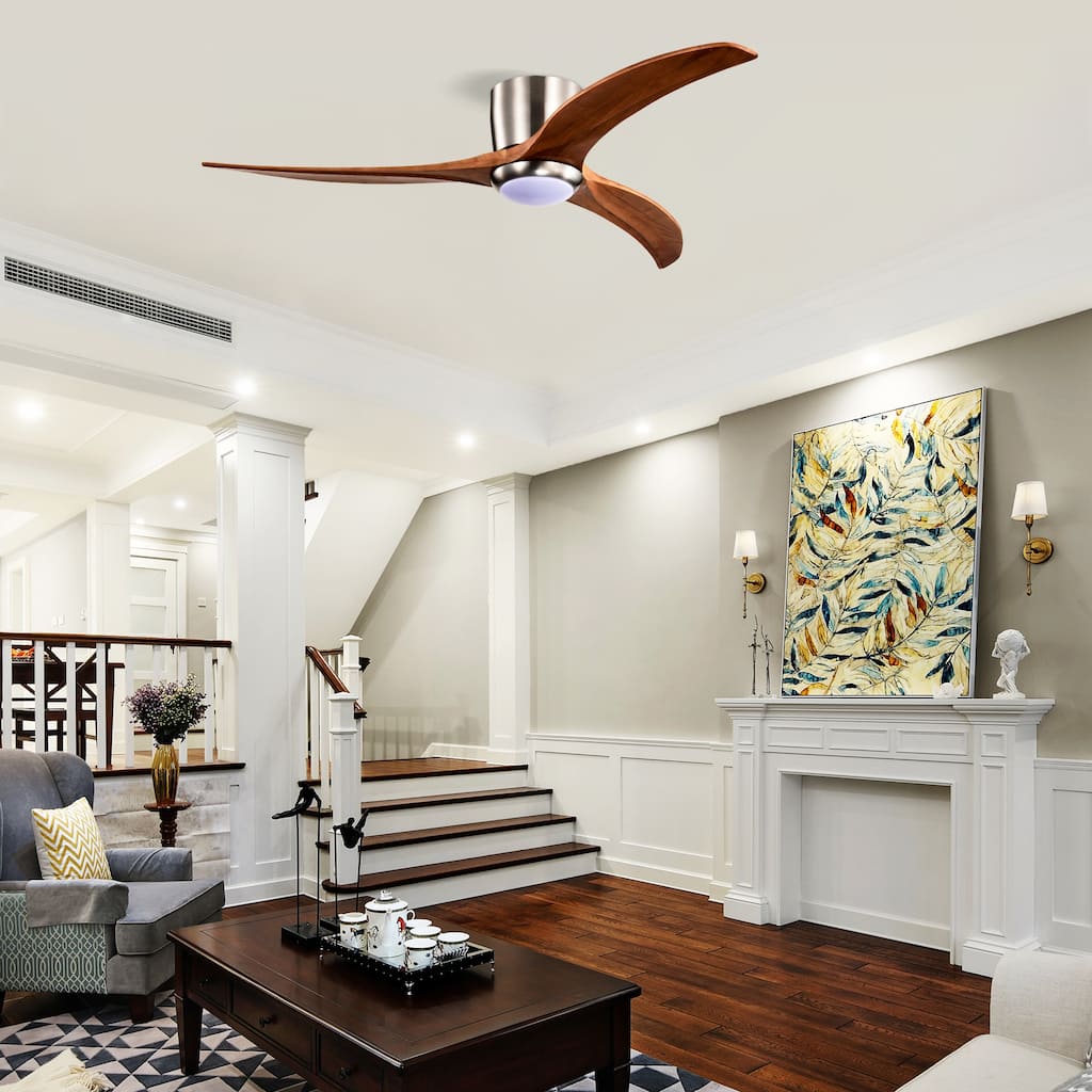 52" Flush Mount Fan Light, 3 PCS Solid Wood Blades Ceiling Fan with Lights Remote Control, Quiet DC Motor, 6 Speed