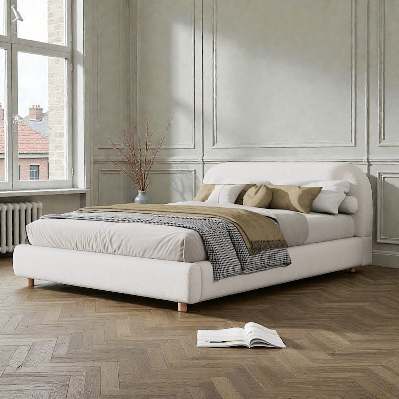 Upholstered Platform Bed with Curved Thick Headboard and Solid Wood Legs, Modern Fabric Bed Frame No Box Spring