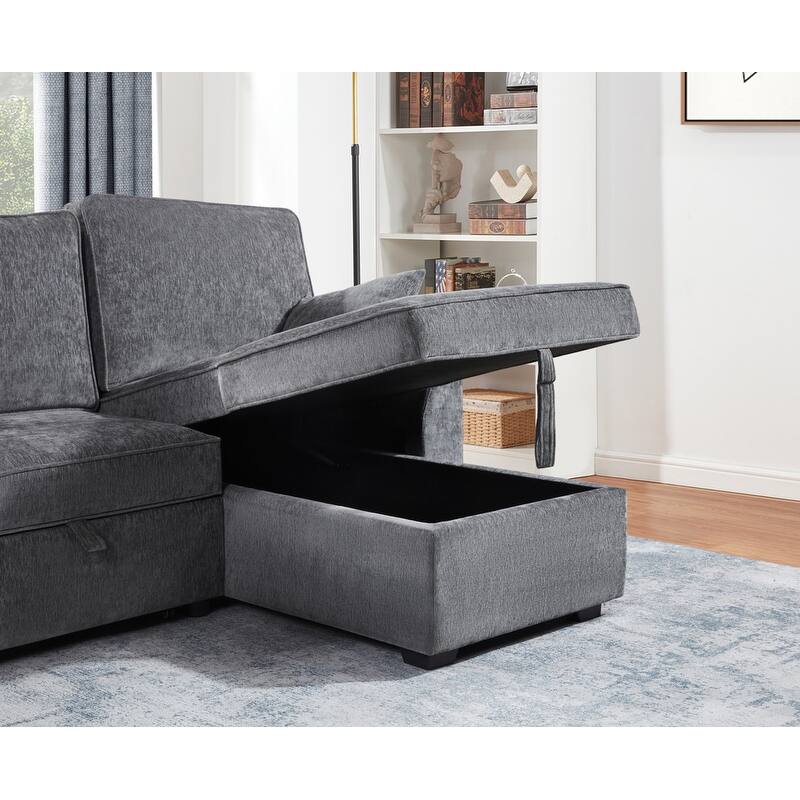 Emmy 89"W Dark Gray Fabric Sleeper Sectional Sofa with Reversible Storage Chaise, USB & USB-C Charging Ports, Cupholders