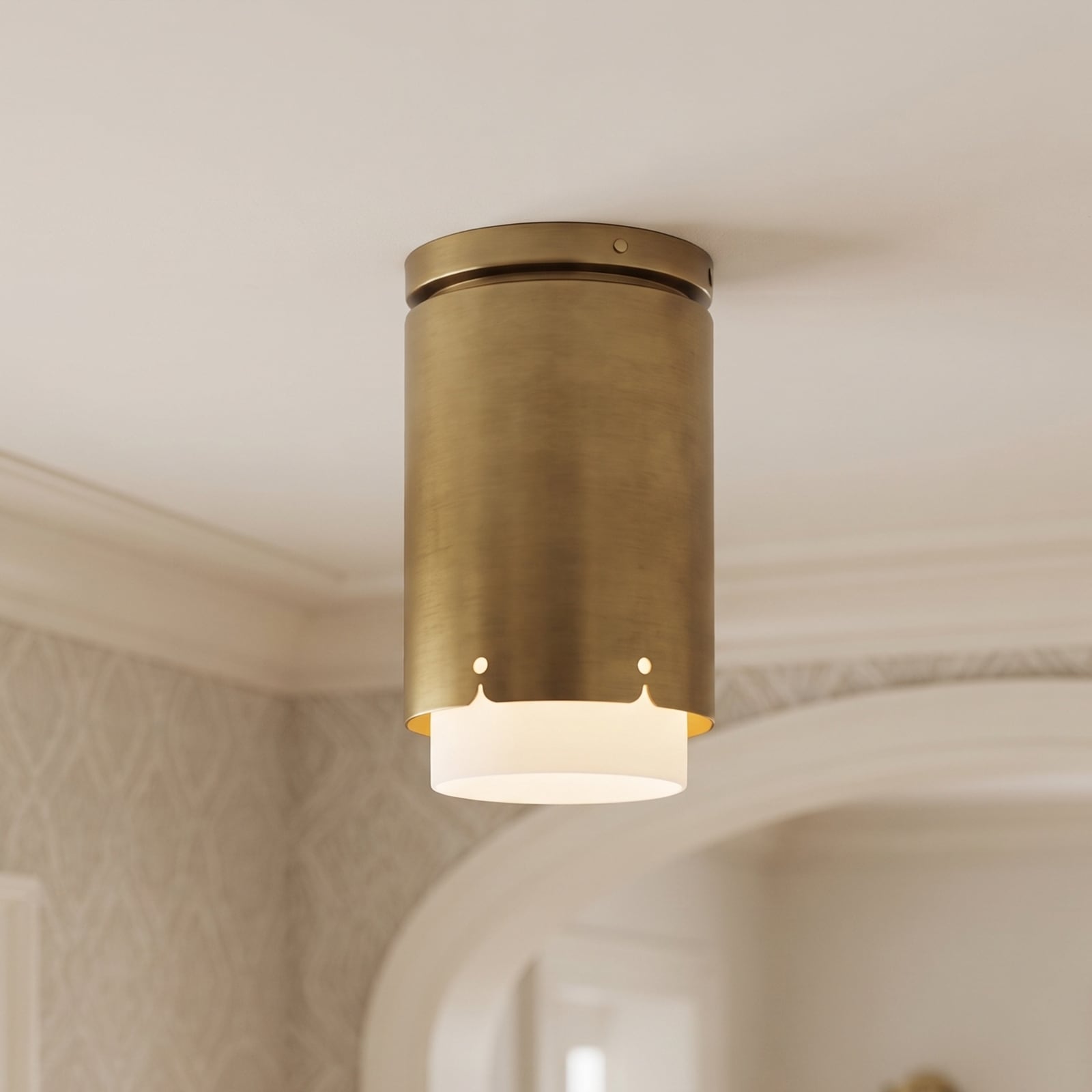 4.7" Vintage Cylinder Brushed Gold Double-Cover Opal Glass Flush Mount Ceiling Light for Hallways, Porch