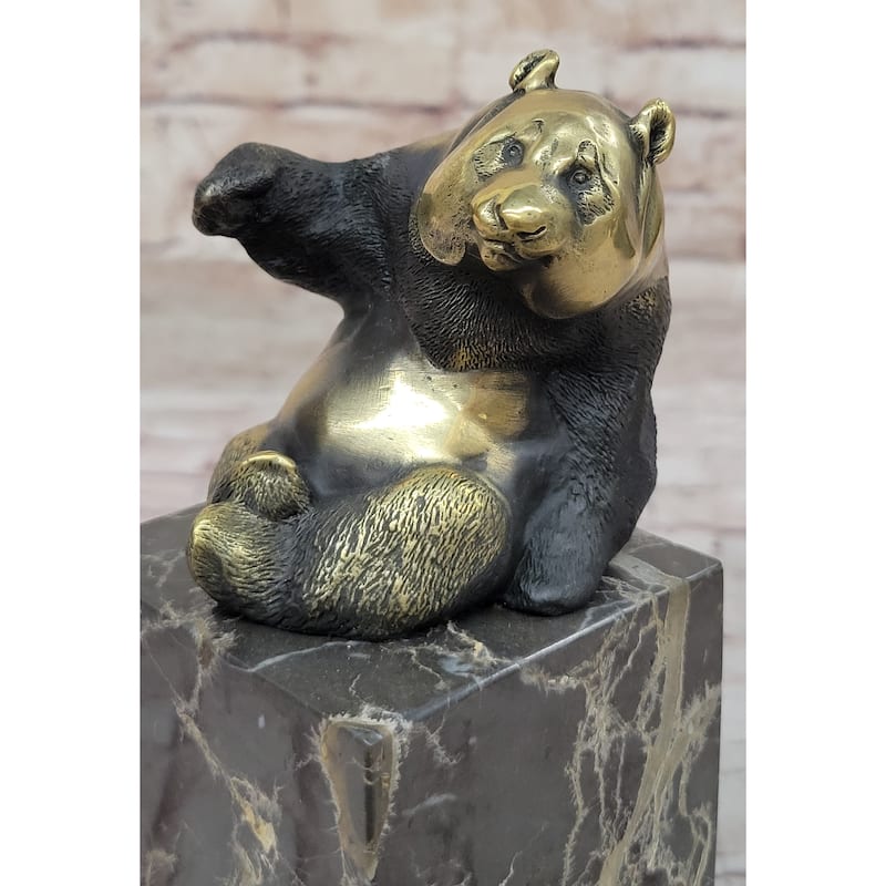 Real Bronze Panda Bear Bronze Figurine Sculpture On Marble Base By Milo