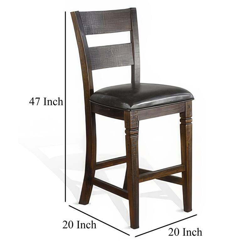 Flint Barstool Chair, Set of 2, Ladderback, Black Vinyl, Dark Brown Mahogany