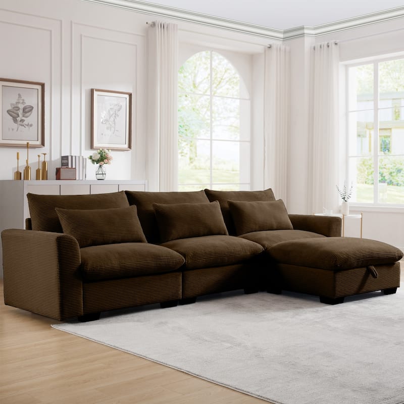 122" Modular Corduroy Sectional Sofa with Storage Ottoman for Living Room - Brown